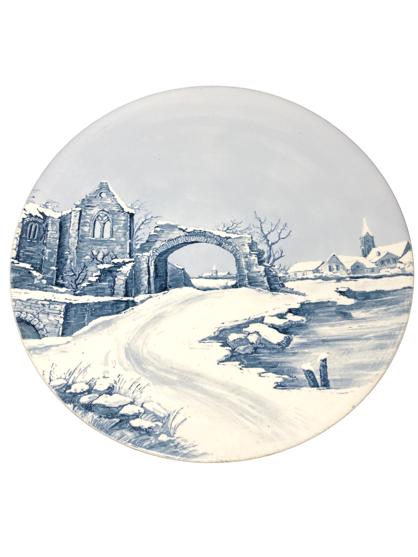 Prato Decorativo Delft Azul e Branco – Paisagem de Inverno com Ruínas