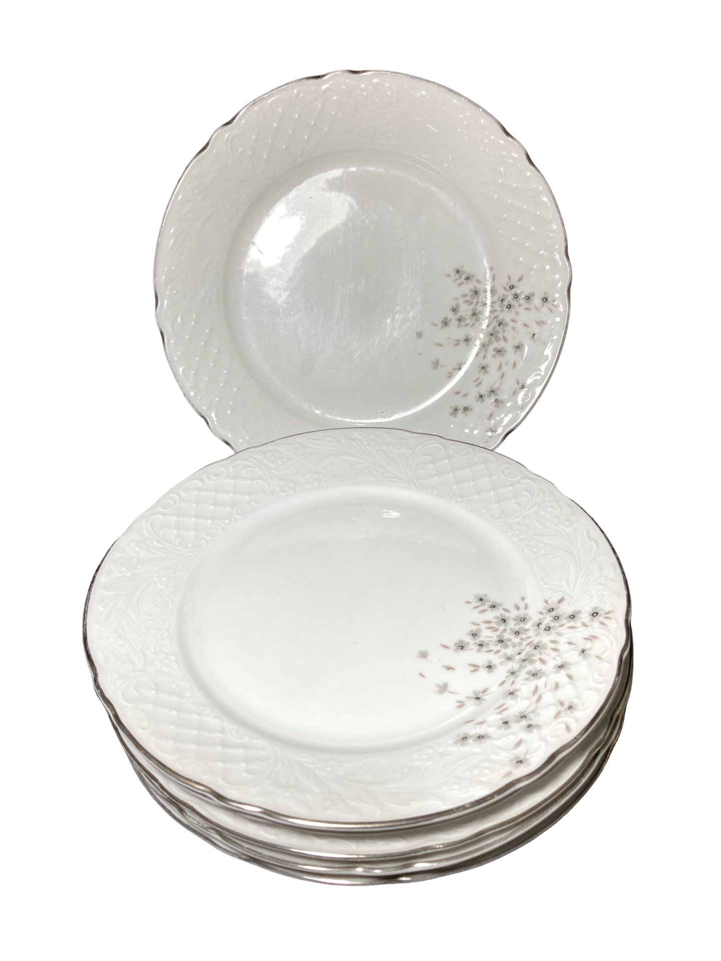 Sexteto de Pratos Rasos com Relevo e Filete Prata – Porcelana Beatriz