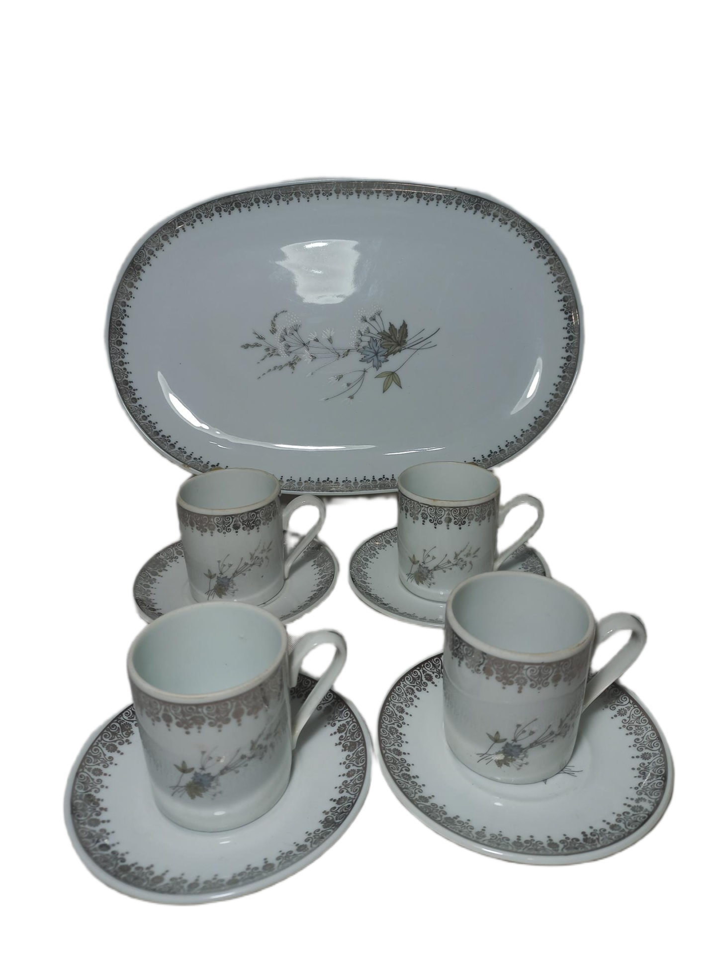 Travessa oval com 4 xícaras de café em porcelana Real, floral