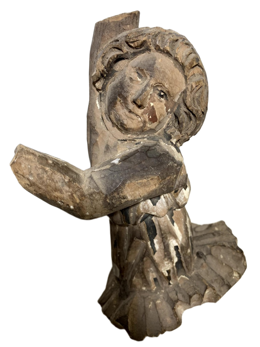 RARA. Escultura Sacra em Madeira Representando a Figura de um Anjo